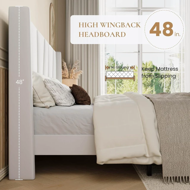 Alt view image 5 of 7 - Full Size Velvet Bed Frame with Geometric Wingback Headboard, Upholstered Platform Bed with Wooden Slats Support, 8" Under-Bed Space, No Box Spring Needed, Easy Assembly, White