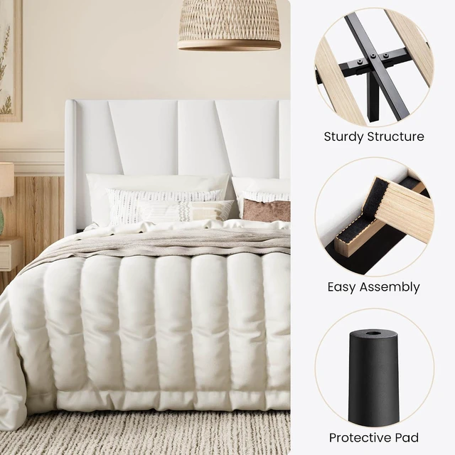Alt view image 6 of 7 - Full Size Velvet Bed Frame with Geometric Wingback Headboard, Upholstered Platform Bed with Wooden Slats Support, 8" Under-Bed Space, No Box Spring Needed, Easy Assembly, White