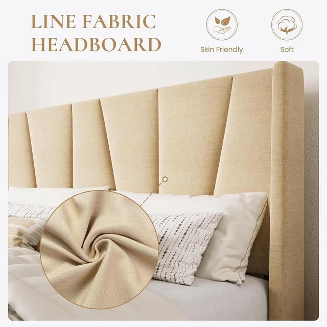 Alt view image 4 of 7 - King Size Bed Frame with Geometric Wingback Headboard, Upholstered Platform Bed with 8" Under-Bed Space, No Box Spring Needed, Easy Assembly, Beige