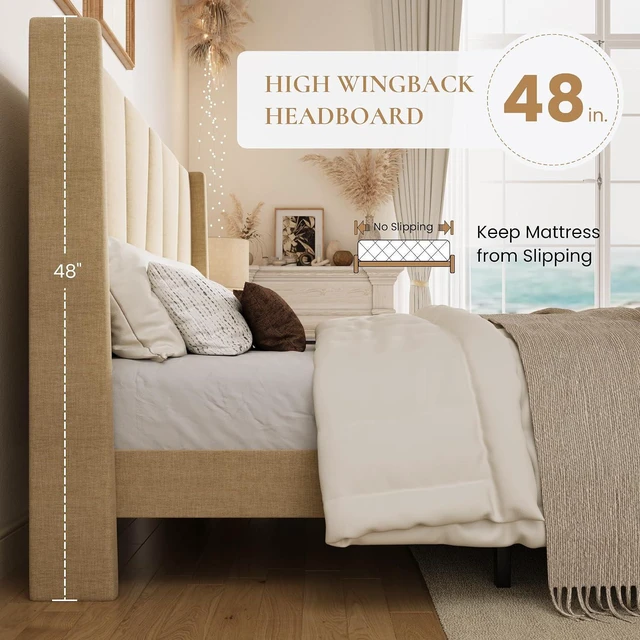 Alt view image 5 of 7 - King Size Bed Frame with Geometric Wingback Headboard, Upholstered Platform Bed with 8" Under-Bed Space, No Box Spring Needed, Easy Assembly, Beige