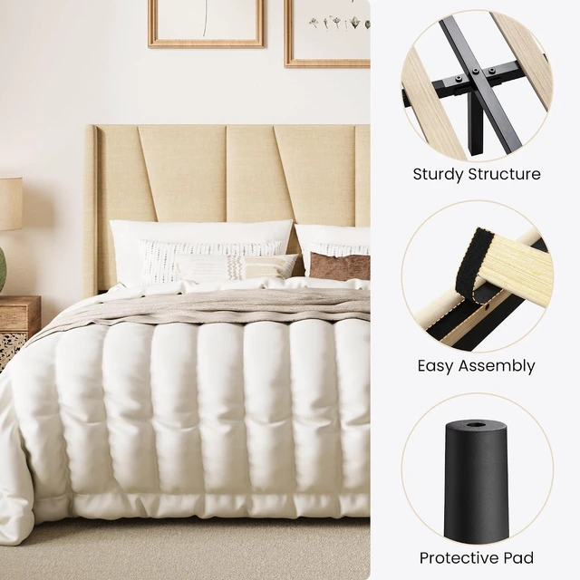 Alt view image 7 of 7 - King Size Bed Frame with Geometric Wingback Headboard, Upholstered Platform Bed with 8" Under-Bed Space, No Box Spring Needed, Easy Assembly, Beige