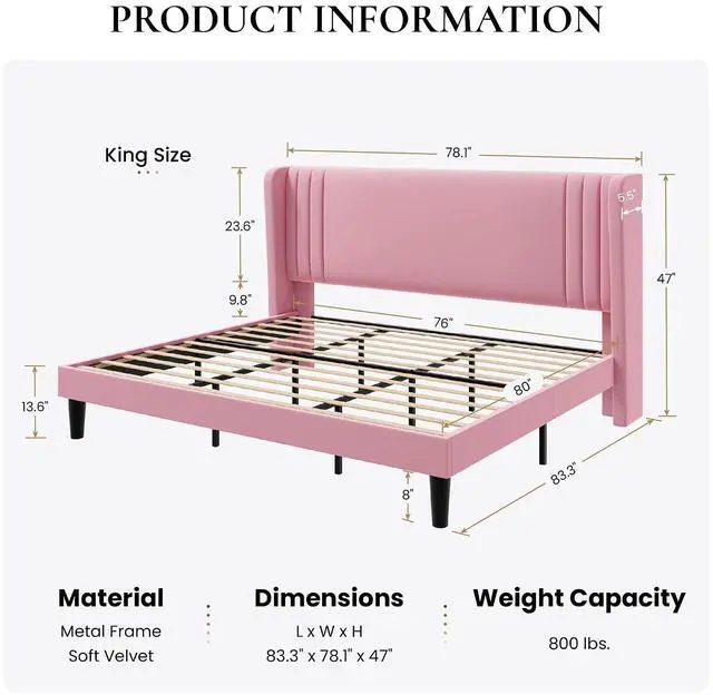 Alt view image 2 of 7 - King Size Velvet Upholstered Platform Bed Frame with Vertical Channel Tufted Wingback Headboard, Wooden Slats Support, Easy Assembly, Under Bed Storage, No Box Spring Required, Pink