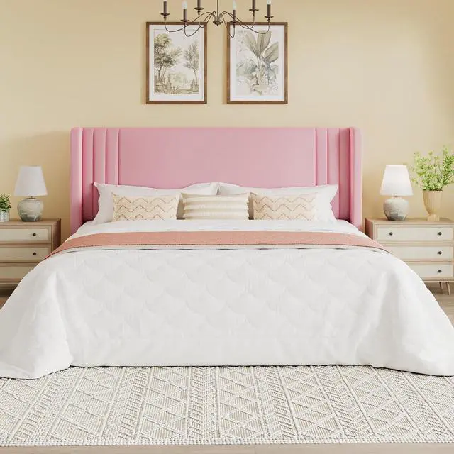 Alt view image 3 of 7 - King Size Velvet Upholstered Platform Bed Frame with Vertical Channel Tufted Wingback Headboard, Wooden Slats Support, Easy Assembly, Under Bed Storage, No Box Spring Required, Pink
