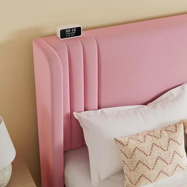 Alt view image 4 of 7 - King Size Velvet Upholstered Platform Bed Frame with Vertical Channel Tufted Wingback Headboard, Wooden Slats Support, Easy Assembly, Under Bed Storage, No Box Spring Required, Pink