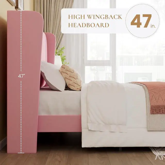 Alt view image 5 of 7 - King Size Velvet Upholstered Platform Bed Frame with Vertical Channel Tufted Wingback Headboard, Wooden Slats Support, Easy Assembly, Under Bed Storage, No Box Spring Required, Pink