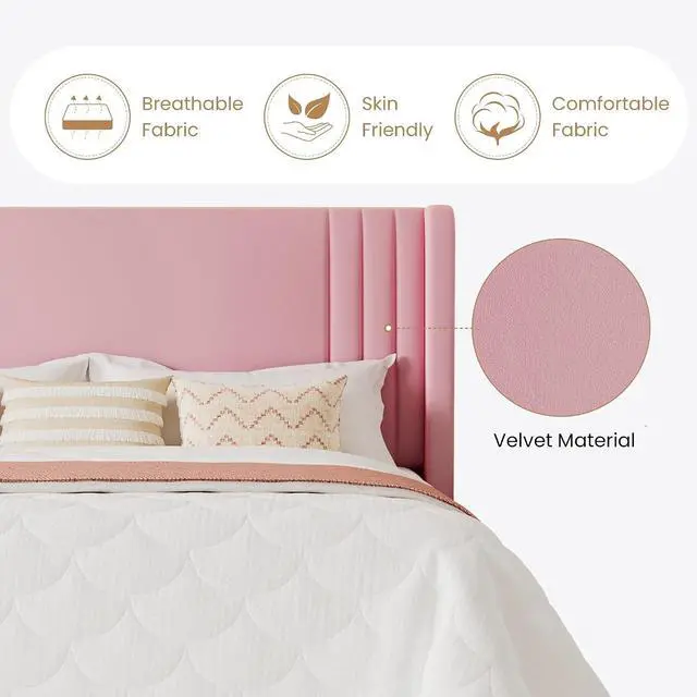 Alt view image 6 of 7 - King Size Velvet Upholstered Platform Bed Frame with Vertical Channel Tufted Wingback Headboard, Wooden Slats Support, Easy Assembly, Under Bed Storage, No Box Spring Required, Pink