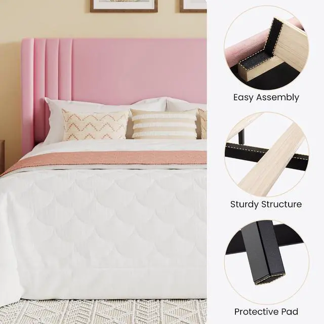 Alt view image 7 of 7 - King Size Velvet Upholstered Platform Bed Frame with Vertical Channel Tufted Wingback Headboard, Wooden Slats Support, Easy Assembly, Under Bed Storage, No Box Spring Required, Pink