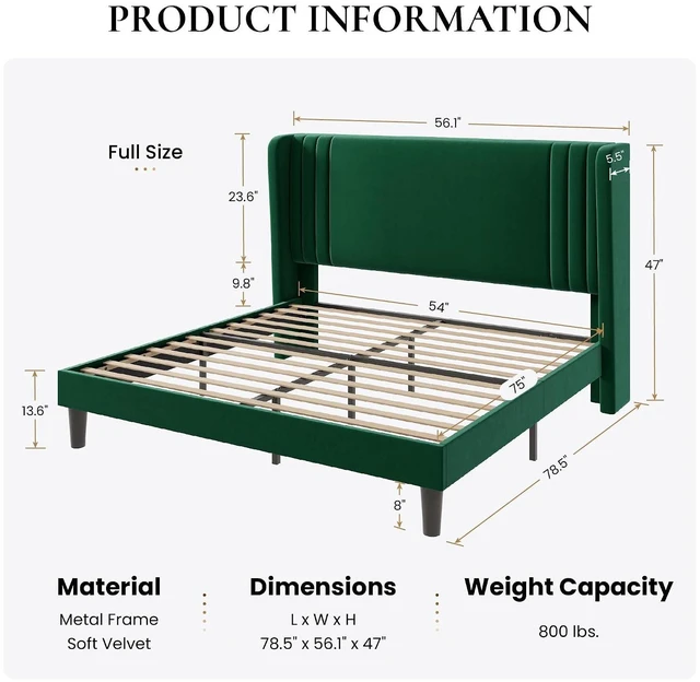 Alt view image 2 of 7 - Full Size Velvet Upholstered Platform Bed Frame with Vertical Channel Tufted Wingback Headboard, Wooden Slats Support, Easy Assembly, Under Bed Storage, No Box Spring Required, Green