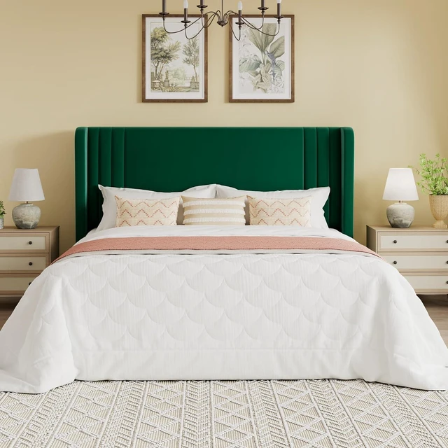 Alt view image 3 of 7 - Full Size Velvet Upholstered Platform Bed Frame with Vertical Channel Tufted Wingback Headboard, Wooden Slats Support, Easy Assembly, Under Bed Storage, No Box Spring Required, Green