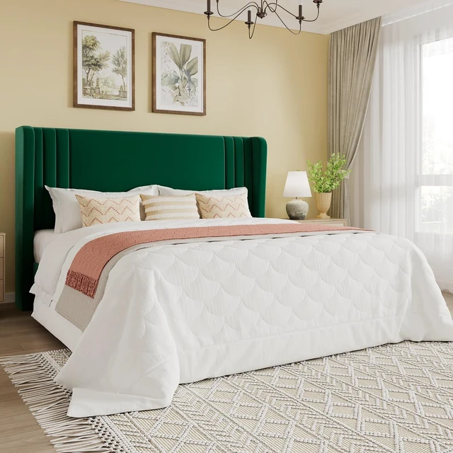 Main image of Full Size Velvet Upholstered Platform Bed Frame with Vertical Channel Tufted Wingback Headboard, Wooden Slats Support, Easy Assembly, Under Bed Storage, No Box Spring Required, Green