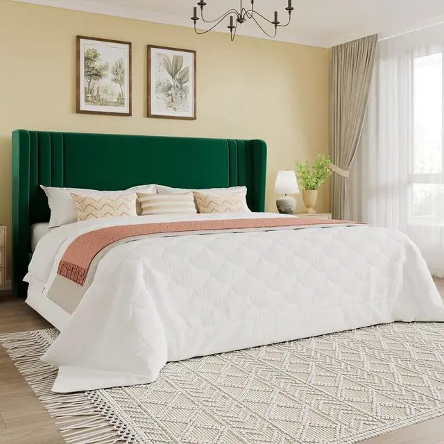 Main image of King Size Velvet Upholstered Platform Bed Frame with Vertical Channel Tufted Wingback Headboard, Wooden Slats Support, Easy Assembly, Under Bed Storage, No Box Spring Required, Green
