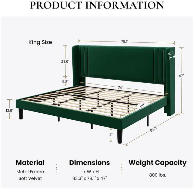 Alt view image 2 of 7 - King Size Velvet Upholstered Platform Bed Frame with Vertical Channel Tufted Wingback Headboard, Wooden Slats Support, Easy Assembly, Under Bed Storage, No Box Spring Required, Green