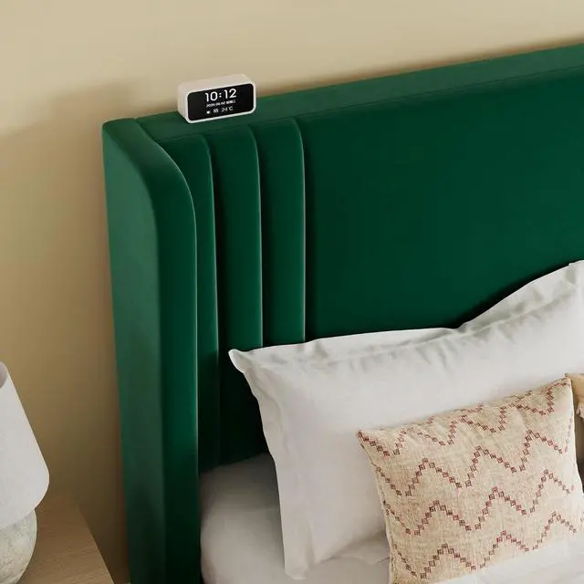 Alt view image 4 of 7 - King Size Velvet Upholstered Platform Bed Frame with Vertical Channel Tufted Wingback Headboard, Wooden Slats Support, Easy Assembly, Under Bed Storage, No Box Spring Required, Green