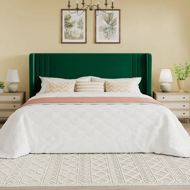 Alt view image 3 of 7 - King Size Velvet Upholstered Platform Bed Frame with Vertical Channel Tufted Wingback Headboard, Wooden Slats Support, Easy Assembly, Under Bed Storage, No Box Spring Required, Green