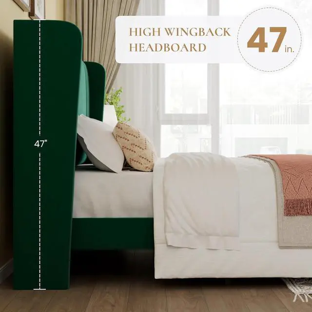 Alt view image 5 of 7 - King Size Velvet Upholstered Platform Bed Frame with Vertical Channel Tufted Wingback Headboard, Wooden Slats Support, Easy Assembly, Under Bed Storage, No Box Spring Required, Green