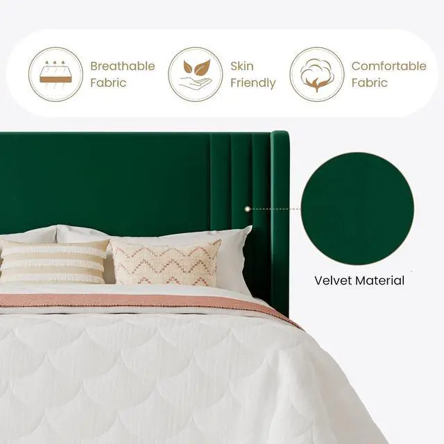 Alt view image 6 of 7 - King Size Velvet Upholstered Platform Bed Frame with Vertical Channel Tufted Wingback Headboard, Wooden Slats Support, Easy Assembly, Under Bed Storage, No Box Spring Required, Green