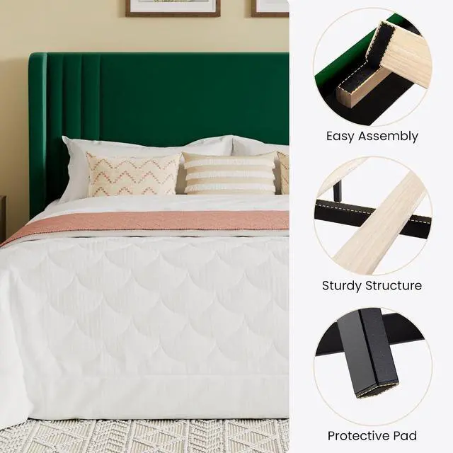 Alt view image 7 of 7 - King Size Velvet Upholstered Platform Bed Frame with Vertical Channel Tufted Wingback Headboard, Wooden Slats Support, Easy Assembly, Under Bed Storage, No Box Spring Required, Green