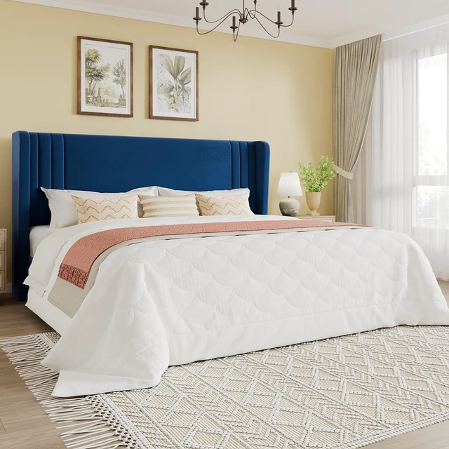 Main image of King Size Velvet Upholstered Platform Bed Frame with Vertical Channel Tufted Wingback Headboard, Wooden Slats Support, Easy Assembly, Under Bed Storage, No Box Spring Required, Blue