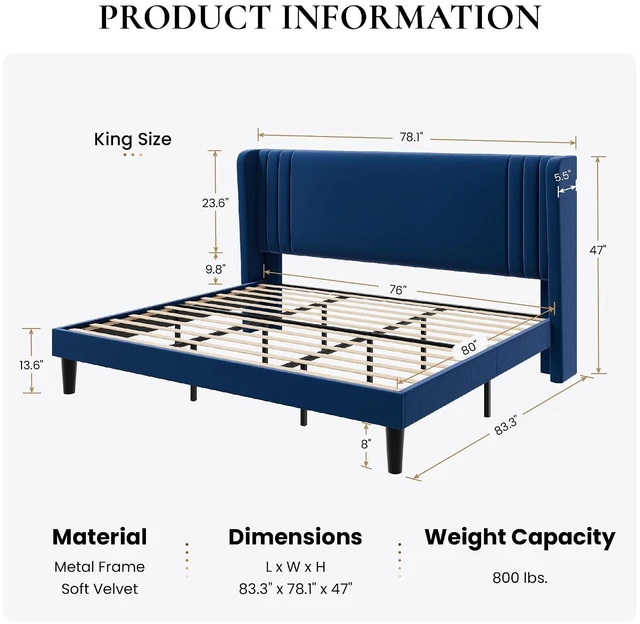 Alt view image 2 of 7 - King Size Velvet Upholstered Platform Bed Frame with Vertical Channel Tufted Wingback Headboard, Wooden Slats Support, Easy Assembly, Under Bed Storage, No Box Spring Required, Blue