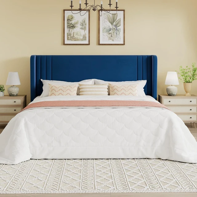 Alt view image 3 of 7 - King Size Velvet Upholstered Platform Bed Frame with Vertical Channel Tufted Wingback Headboard, Wooden Slats Support, Easy Assembly, Under Bed Storage, No Box Spring Required, Blue