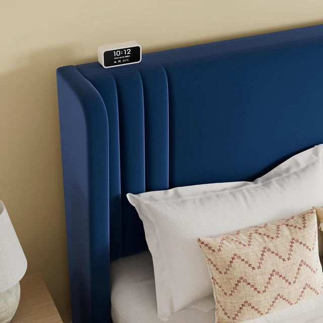 Alt view image 4 of 7 - King Size Velvet Upholstered Platform Bed Frame with Vertical Channel Tufted Wingback Headboard, Wooden Slats Support, Easy Assembly, Under Bed Storage, No Box Spring Required, Blue