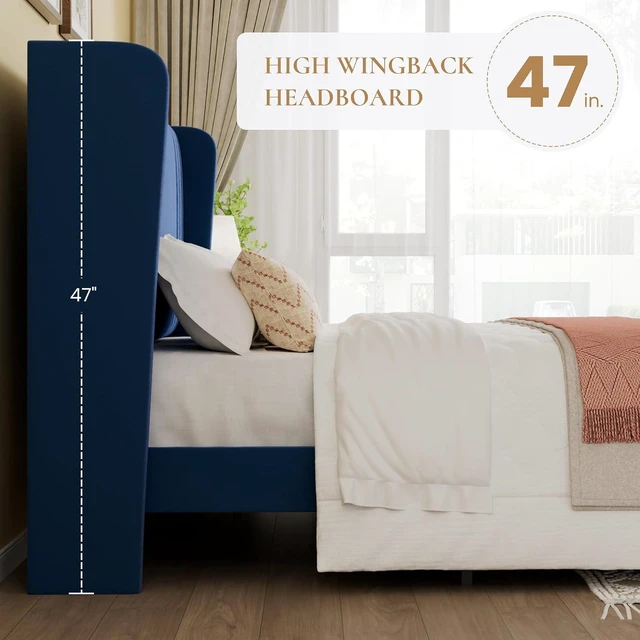 Alt view image 5 of 7 - King Size Velvet Upholstered Platform Bed Frame with Vertical Channel Tufted Wingback Headboard, Wooden Slats Support, Easy Assembly, Under Bed Storage, No Box Spring Required, Blue