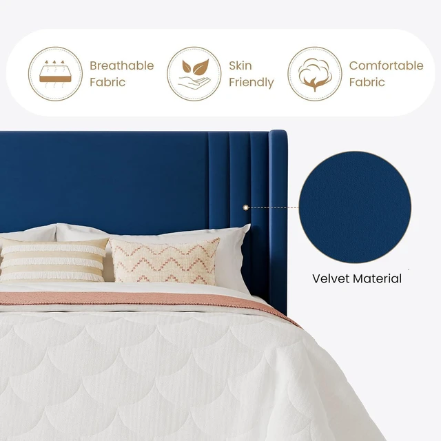 Alt view image 6 of 7 - King Size Velvet Upholstered Platform Bed Frame with Vertical Channel Tufted Wingback Headboard, Wooden Slats Support, Easy Assembly, Under Bed Storage, No Box Spring Required, Blue