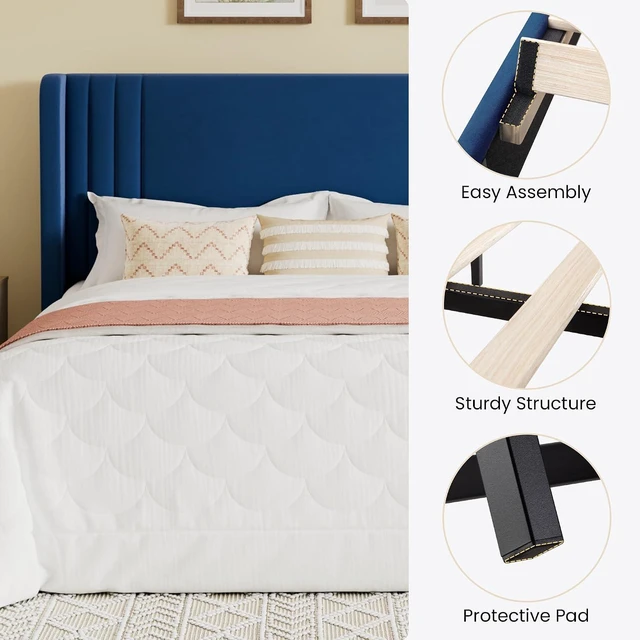 Alt view image 7 of 7 - King Size Velvet Upholstered Platform Bed Frame with Vertical Channel Tufted Wingback Headboard, Wooden Slats Support, Easy Assembly, Under Bed Storage, No Box Spring Required, Blue