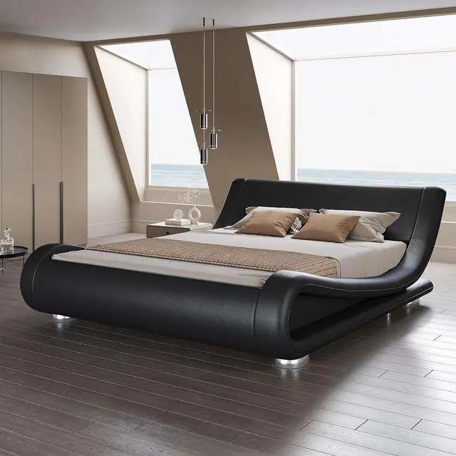 Main image of Queen Size Upholstered Bed Frame, Deluxe Low Profile Sleigh Bed with Faux Leather Ergonomics Headboard, No Box Spring Needed & Easy Assembly, Black