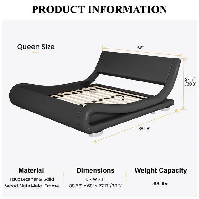 Alt view image 2 of 7 - Queen Size Upholstered Bed Frame, Deluxe Low Profile Sleigh Bed with Faux Leather Ergonomics Headboard, No Box Spring Needed & Easy Assembly, Black
