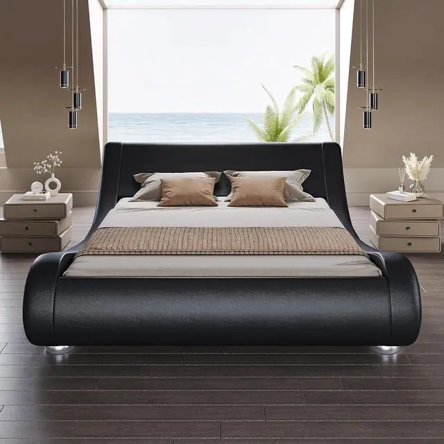Alt view image 3 of 7 - Queen Size Upholstered Bed Frame, Deluxe Low Profile Sleigh Bed with Faux Leather Ergonomics Headboard, No Box Spring Needed & Easy Assembly, Black