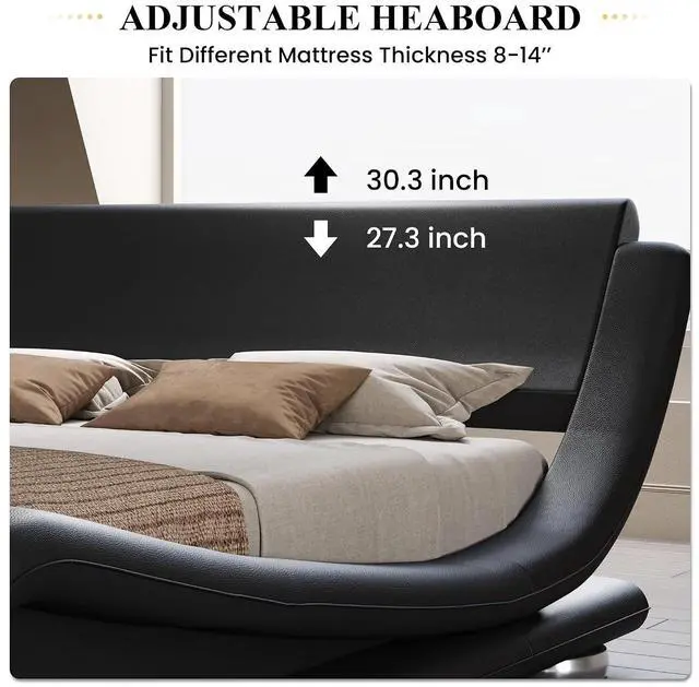 Alt view image 4 of 7 - Queen Size Upholstered Bed Frame, Deluxe Low Profile Sleigh Bed with Faux Leather Ergonomics Headboard, No Box Spring Needed & Easy Assembly, Black