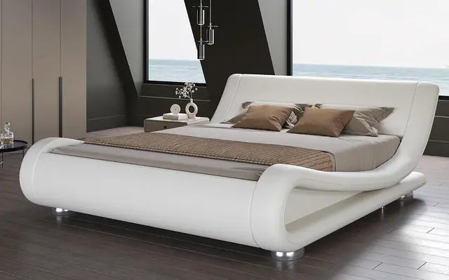 Main image of Full Size Upholstered Bed Frame, Deluxe Low Profile Sleigh Bed with Faux Leather Ergonomics Headboard, No Box Spring Needed & Easy Assembly, White