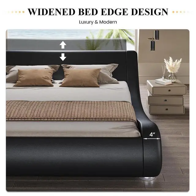 Alt view image 7 of 7 - Queen Size Upholstered Bed Frame, Deluxe Low Profile Sleigh Bed with Faux Leather Ergonomics Headboard, No Box Spring Needed & Easy Assembly, Black