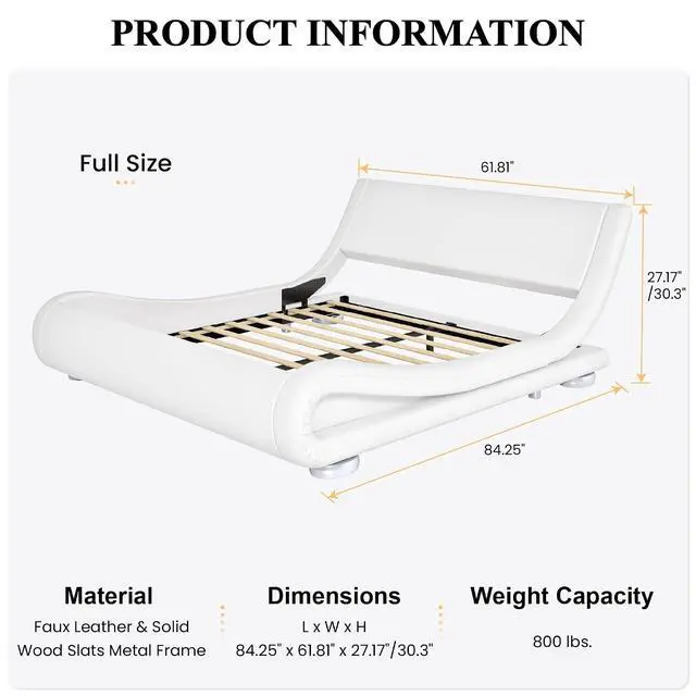 Alt view image 2 of 7 - Full Size Upholstered Bed Frame, Deluxe Low Profile Sleigh Bed with Faux Leather Ergonomics Headboard, No Box Spring Needed & Easy Assembly, White