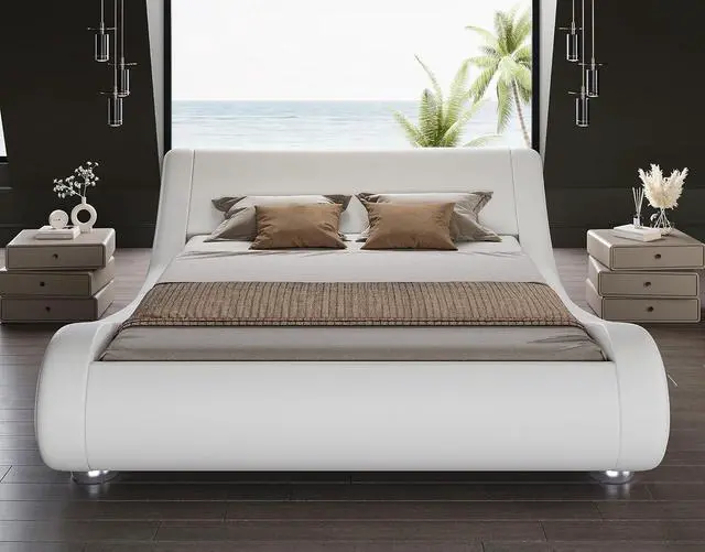 Alt view image 3 of 7 - Full Size Upholstered Bed Frame, Deluxe Low Profile Sleigh Bed with Faux Leather Ergonomics Headboard, No Box Spring Needed & Easy Assembly, White