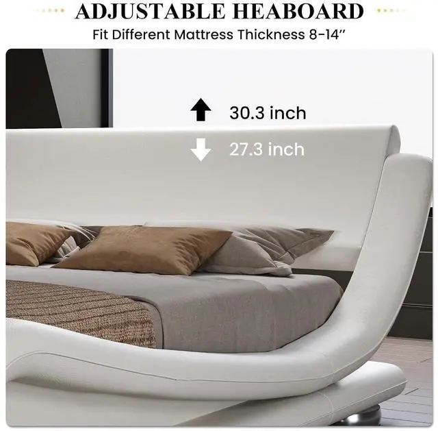 Alt view image 4 of 7 - Full Size Upholstered Bed Frame, Deluxe Low Profile Sleigh Bed with Faux Leather Ergonomics Headboard, No Box Spring Needed & Easy Assembly, White