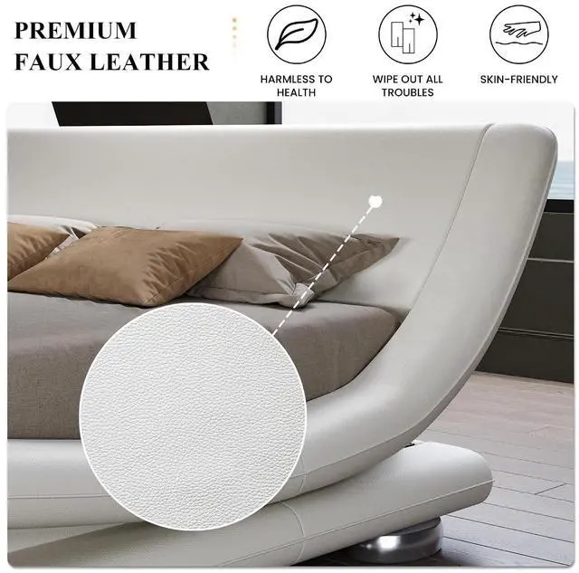 Alt view image 5 of 7 - Full Size Upholstered Bed Frame, Deluxe Low Profile Sleigh Bed with Faux Leather Ergonomics Headboard, No Box Spring Needed & Easy Assembly, White