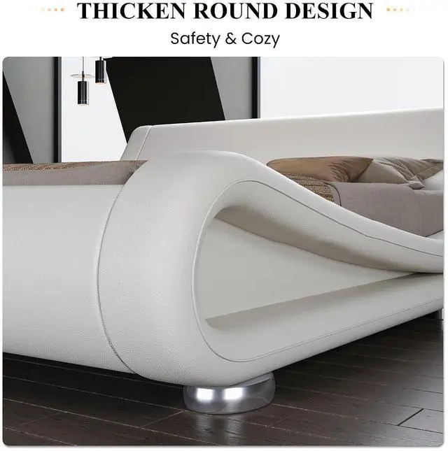 Alt view image 6 of 7 - Full Size Upholstered Bed Frame, Deluxe Low Profile Sleigh Bed with Faux Leather Ergonomics Headboard, No Box Spring Needed & Easy Assembly, White