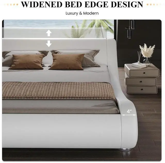 Alt view image 7 of 7 - Full Size Upholstered Bed Frame, Deluxe Low Profile Sleigh Bed with Faux Leather Ergonomics Headboard, No Box Spring Needed & Easy Assembly, White