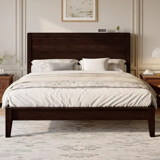 Main image of Queen Size Bamboo Bed Frame with Tall Headboard, Japanese Joinery Platform Bed, Sturdy Wood Slat Support, 7.9" Under-Bed Storage, No Box Spring Needed, Easy Assembly, Midnight Black