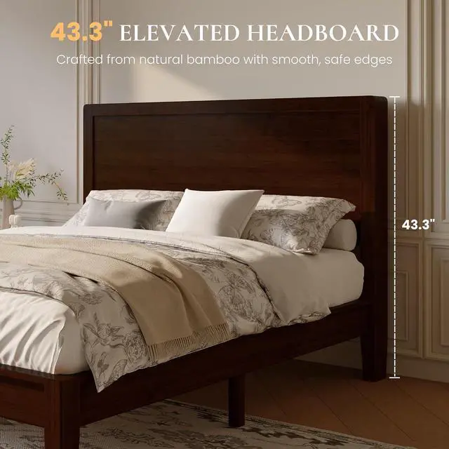 Alt view image 2 of 7 - Queen Size Bamboo Bed Frame with Tall Headboard, Japanese Joinery Platform Bed, Sturdy Wood Slat Support, 7.9" Under-Bed Storage, No Box Spring Needed, Easy Assembly, Midnight Black