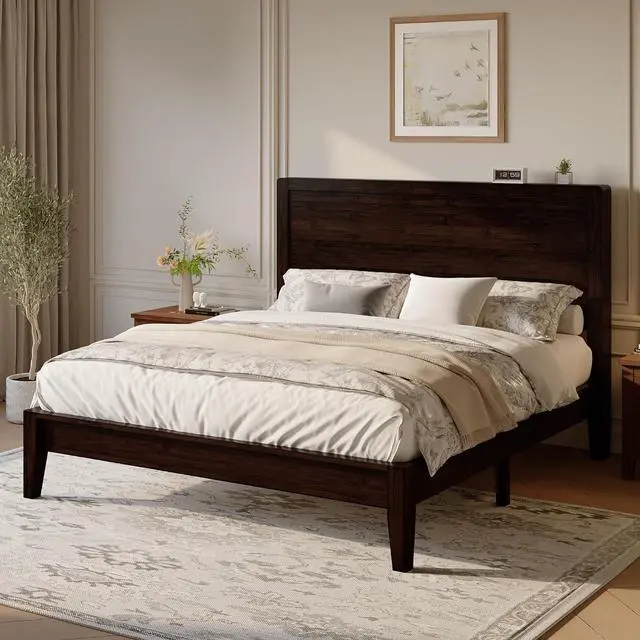 Alt view image 3 of 7 - Queen Size Bamboo Bed Frame with Tall Headboard, Japanese Joinery Platform Bed, Sturdy Wood Slat Support, 7.9" Under-Bed Storage, No Box Spring Needed, Easy Assembly, Midnight Black