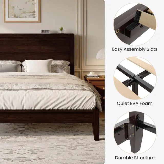 Alt view image 6 of 7 - Queen Size Bamboo Bed Frame with Tall Headboard, Japanese Joinery Platform Bed, Sturdy Wood Slat Support, 7.9" Under-Bed Storage, No Box Spring Needed, Easy Assembly, Midnight Black