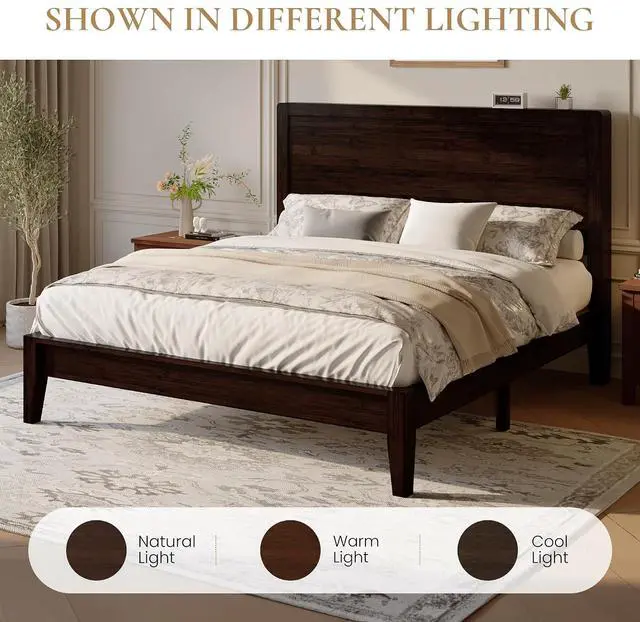 Alt view image 7 of 7 - Queen Size Bamboo Bed Frame with Tall Headboard, Japanese Joinery Platform Bed, Sturdy Wood Slat Support, 7.9" Under-Bed Storage, No Box Spring Needed, Easy Assembly, Midnight Black
