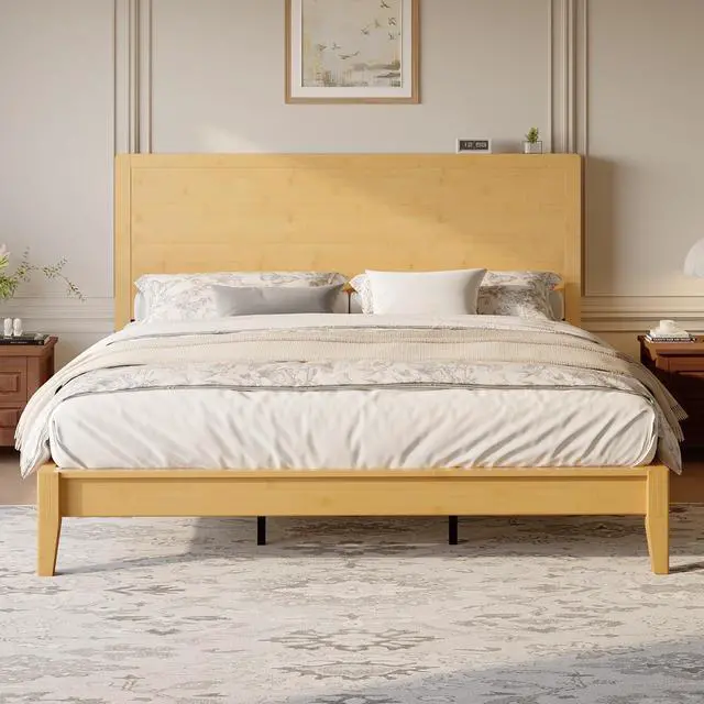 Main image of King Size Bamboo Bed Frame with Tall Headboard, Japanese Joinery Platform Bed, Sturdy Wood Slat Support, 7.9" Under-Bed Storage, No Box Spring Needed, Easy Assembly, Natural