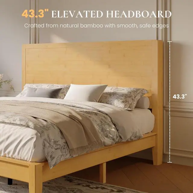 Alt view image 2 of 7 - King Size Bamboo Bed Frame with Tall Headboard, Japanese Joinery Platform Bed, Sturdy Wood Slat Support, 7.9" Under-Bed Storage, No Box Spring Needed, Easy Assembly, Natural