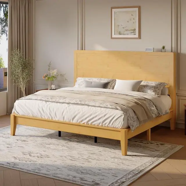 Alt view image 3 of 7 - King Size Bamboo Bed Frame with Tall Headboard, Japanese Joinery Platform Bed, Sturdy Wood Slat Support, 7.9" Under-Bed Storage, No Box Spring Needed, Easy Assembly, Natural