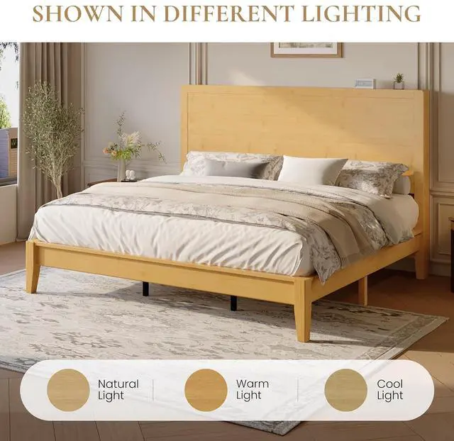 Alt view image 7 of 7 - King Size Bamboo Bed Frame with Tall Headboard, Japanese Joinery Platform Bed, Sturdy Wood Slat Support, 7.9" Under-Bed Storage, No Box Spring Needed, Easy Assembly, Natural