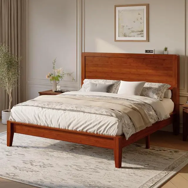 Alt view image 3 of 7 - Full Size Bamboo Bed Frame with Tall Headboard, Japanese Joinery Platform Bed, Sturdy Wood Slat Support, 7.9" Under-Bed Storage, No Box Spring Needed, Easy Assembly, Warm Brown